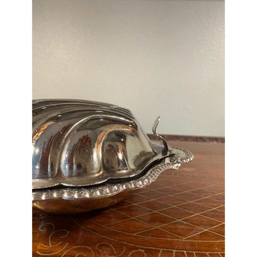 Vintage Clamshell Butter Dish • E&JL Silver Plate Server w/ Frosted Glass Insert